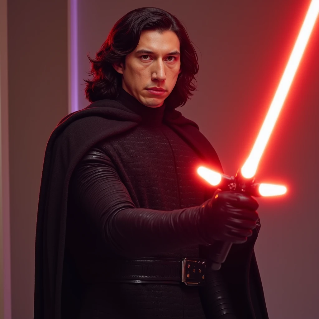 KREN in a Sith robe and his gloved hand extended with a red cross lightsaber in the other hand