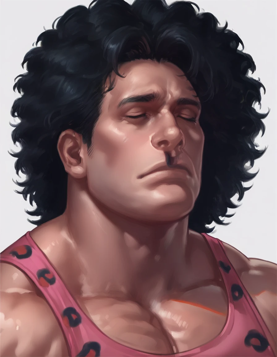 hugoandoreff, solo, 1boy, male focus, black hair,closed eyes, simple background, upper body, muscular, pink leopardprint tank top, <lora:hugo_andore_-_final_fight:0.8> 
score_9, score_8_up, score_7_up, best quality, high quality, highly detailed, cel shading, source_cartoon, <lora:Smooth Style LoRA XL:1>  , intricate detail