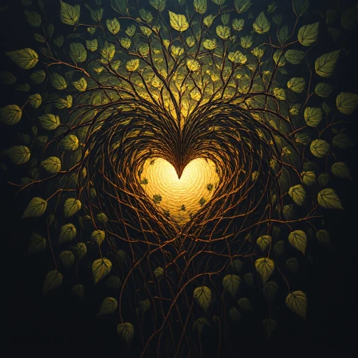 Spiral patterns with brightness shifts that appear to pull the viewerâs eye inward., A heart made of intertwining roots and vines