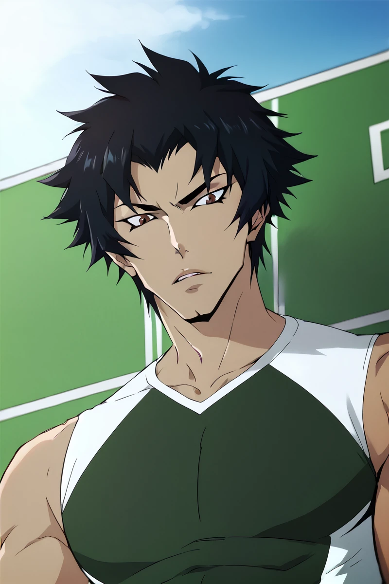 score_7_up, score_6_up, solo, male, view from below, akira, green track suit, black hair, brown eyes, eyeliner, portrait chest up, tight clothes, sleeveless, pecs, muscular,  <lora:Akira:0.8>