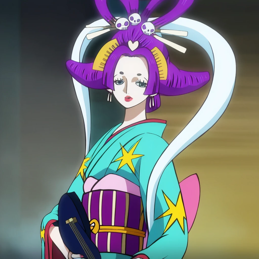 JigokuBentenOP, 1girl, solo, short hair, purple hair, hair ornament, blue eyes, lips, lipstick, large breast, japanese clothes, kimono, makeup, instrument, biwa, wide sleeves, sash, earrings, obi, jewelry, hair rings, hair stick, nail polish, hagoromo, music, seductive pose,