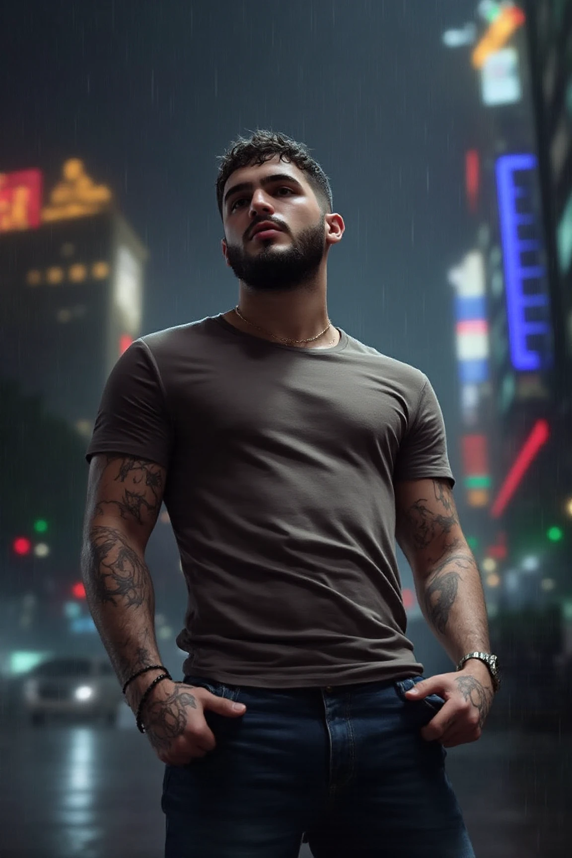 A highly detailed, high-quality digital painting depicting a man taking off his pants, he is wearing a t-shirt and jeans in a stormy city night landscape. He has a beard. The background features neon lights in a rain storm, with a shallow depth of field keeping the focus on the man. The composition is a closeup that follows the rule of thirds. Dark night scene with low lighting. 