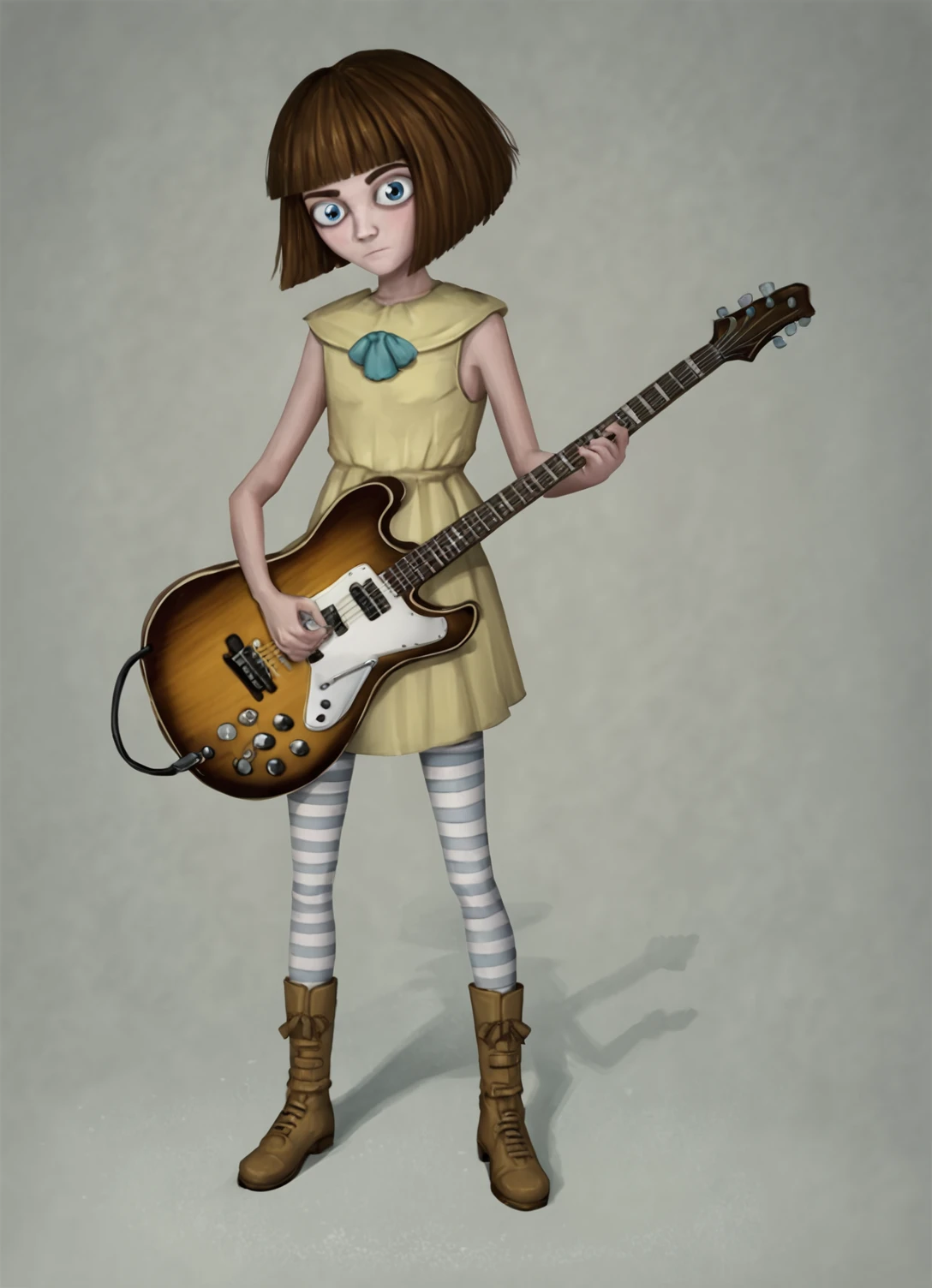 zPDXL3,<lora:FranBow_Pony:1>,franbow,playing guitar,brown hair,human,blue eyes,black white legwear,striped tights,boots,solo,looking_at_viewer,standing,