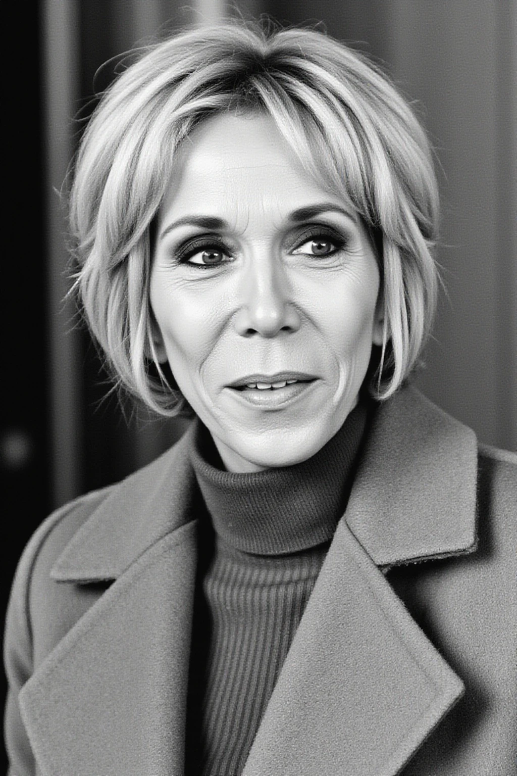 Brigitte Macron slightly smilling 65 year old woman in a coat, blonde hair, 1960s period, monochrome analog film still photography, heavy film grain