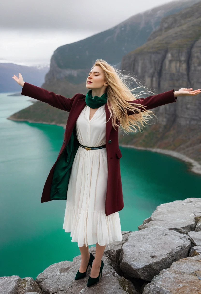 A cinematic shot of a woman renata with long, bright blonde hair standing on a rocky terrain at the edge of a cliff. She is wearing a maroon coat over a white shirt and a emerald scarf. The woman has her eyes closed and her arms outstretched. The background reveals a vast landscape with a body of water and mountains. The sky is overcast.