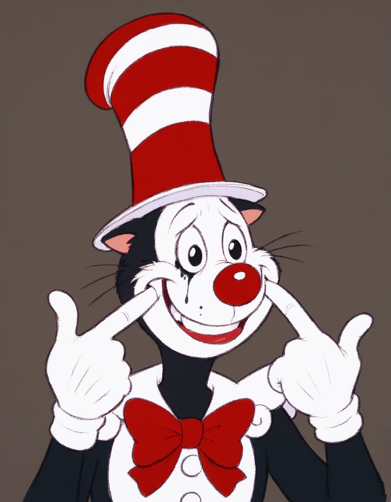 score_9, score_8_up, score_7_up, score_6_up, cartoonish and mischievous nature of the character
k1t1nTh3Hat1971,whimsical anthropomorphic cat, black fur, white face, red-and-white striped hat, red bow, cat ears, white nose, white gloves, black eyes, forced smile, mouth pull, fingersmile, makeup, clown nose, runny makeup, portrait <lora:JokersForcedSmile_pdxl_Incrs_v1:1>
<lora:k1t1nTh3Hat1971_XL:0.8>
