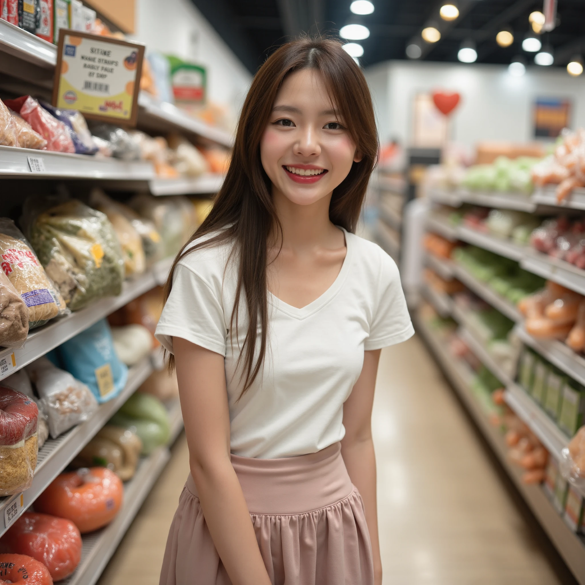 Fine face, cute face, brown eyes, (convenience store: 1.3), convenience store employee uniform, (vertical striped shirt: 1.3), short sleeves, ID card, smile, ************