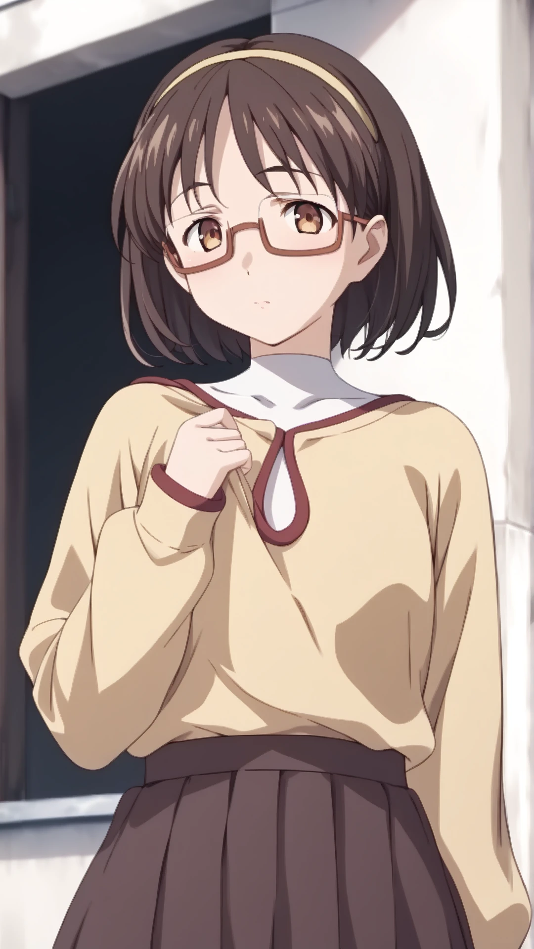 score_9, score_8_up, score_7_up, BREAK source_anime, rating_explicit, best quality, masterpiece, uncensored, 1girl,  <lora:Joanna_gunsword_pony_v1.0:1>J0an2a,short hair,brown hair,brown eyes,glasses,semi-rimless eyewear, hairband,long sleeves,