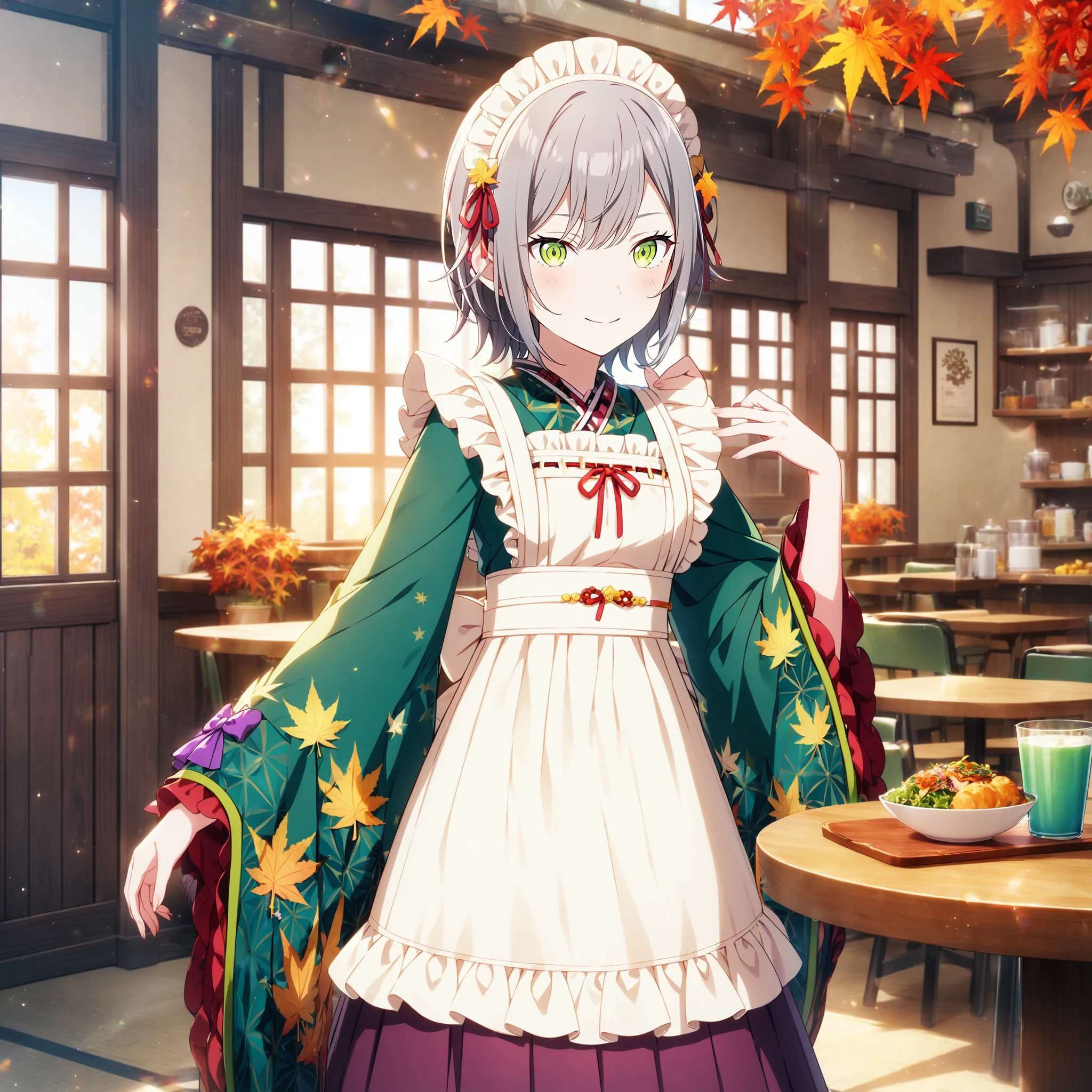 1girl, hinomori shiho, project sekai, masterpiece, very aesthetic, absurdres, official art,
autumn leaves, short hair, grey hair, wolf hair, green eyes,
(looking at viewer:1.2), (view straight on:1.4), smiling, closed mouth, hand up, palm up, cowboy shot, arm at side, BREAK
apron, wa maid, maid headdress, japanese clothes, green kimono, wide sleeves, maid apron, ribbon trim, long sleeves, skirt, white apron, hair ornament, frills, maid, ribbon, frilled apron, leaf, maple leaf, flower, hair ribbon, ribbon-trimmed sleeves, leaf print, purple skirt
in cafeteria, Japanese traditional style, large window, yellow and red maple trees, table, chair,
<lora:sdxl-leo-AutumnLeaves01:0.8:lbw=0,0,0.2,0.2,0,0.4,0.4,0,0.8,0.8,0,0,0,0.8,0.8,0.6,0.8,0.0,0.0,0.0,0,0,0,0,0,0>