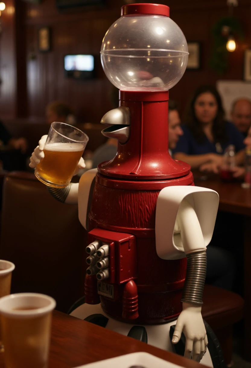 <lora:Tom_Servo_-_MST3K_FLUX:0.9>
The image is a photograph depicting a red humanoid robot named TomServo that has a spherical head with a transparent, rounded top with a red cap, drinking beer in a pub.