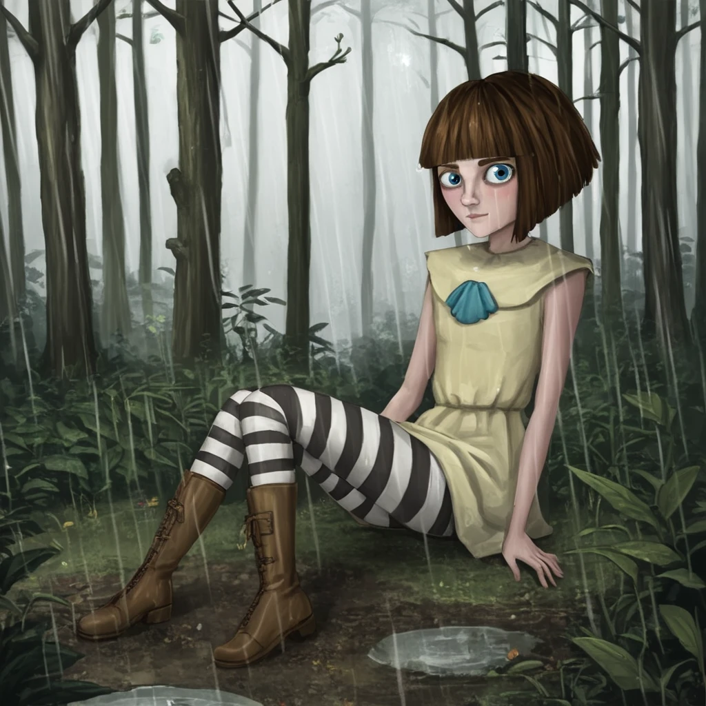 zPDXL3,<lora:FranBow_Pony:1>,franbow,brown hair,human,blue eyes,black white legwear,striped tights,boots,sitting,nature,forest,rainy days,solo,art by TotesFleisch8,looking_at_viewer,