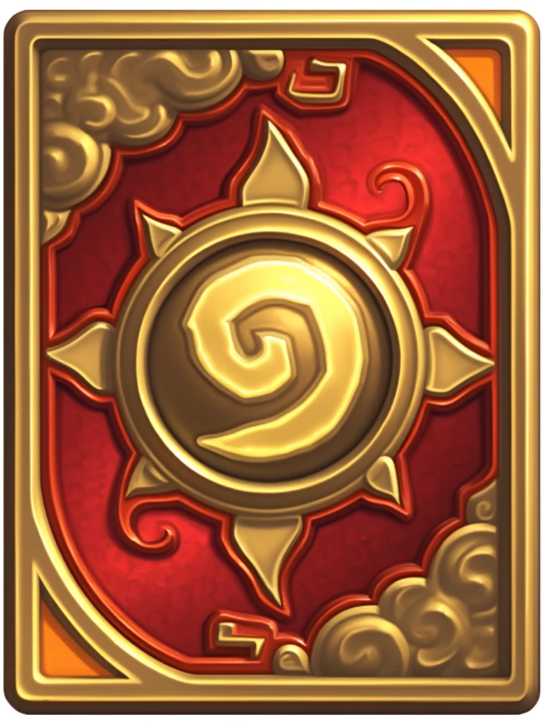 hearthstone_card, gold trim, gold frame, Chinese style, red plate, Chinese pattern, gold core, cloud pattern, sun, card_\(medium\)