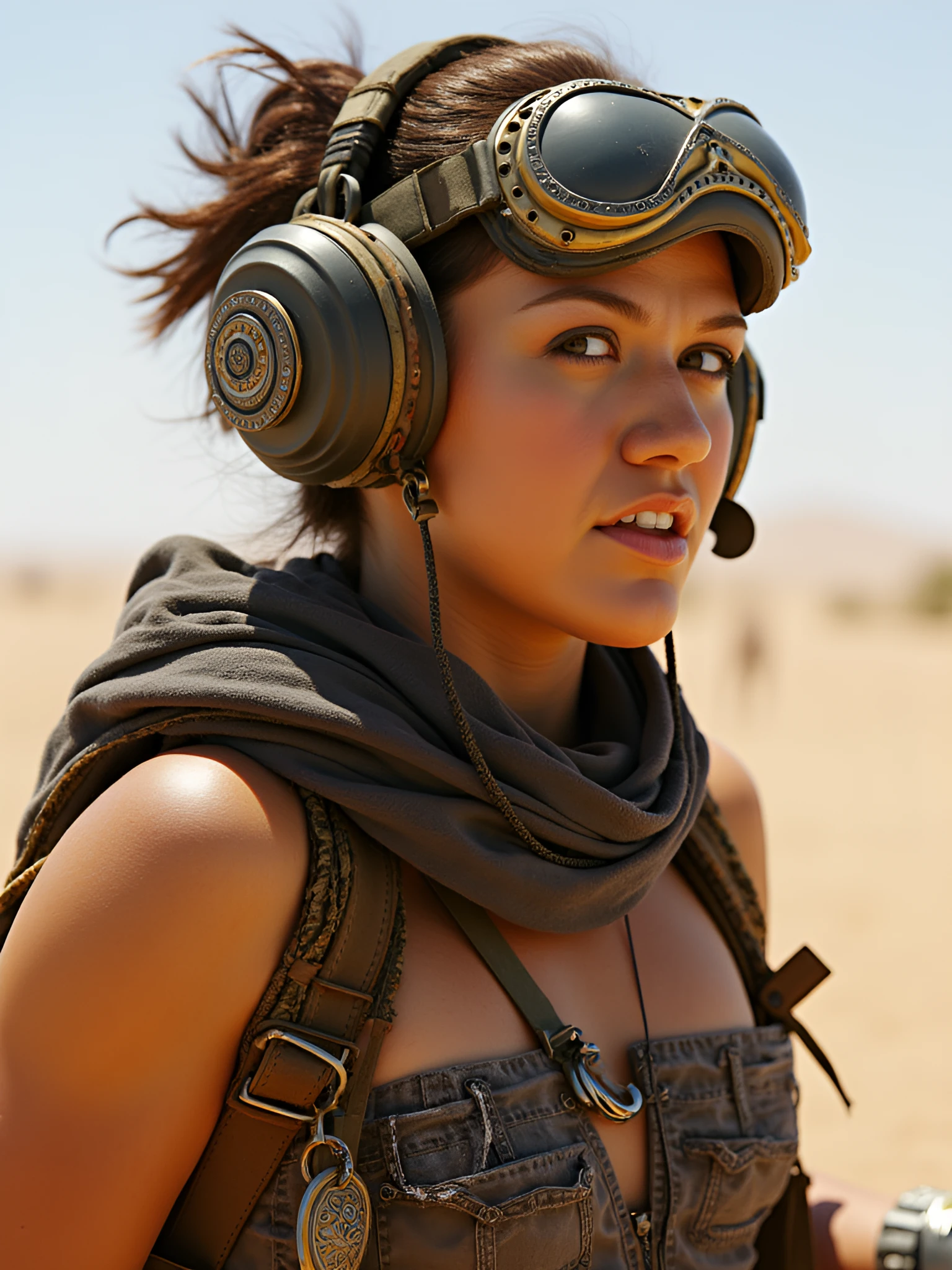 photorealistic portrait of a pretty steampunk post-apocalyptic desert warrior
