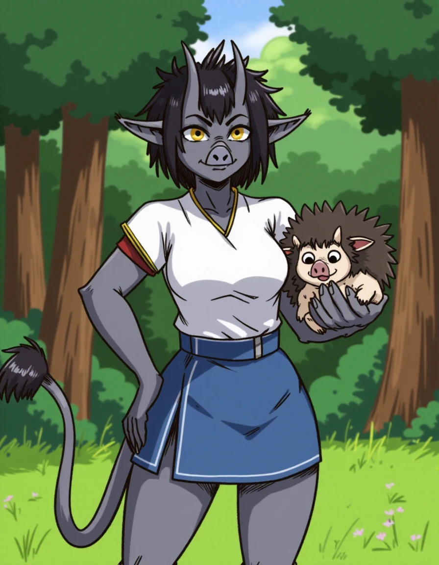 An illustration of Chort holding a hedgehog. Chort is wearing a white top and a blue mini skirt. Chort has yellow eyes, gray skin, horns, hooves and pig's nose. Forest in background <lora:chort_flux:1>