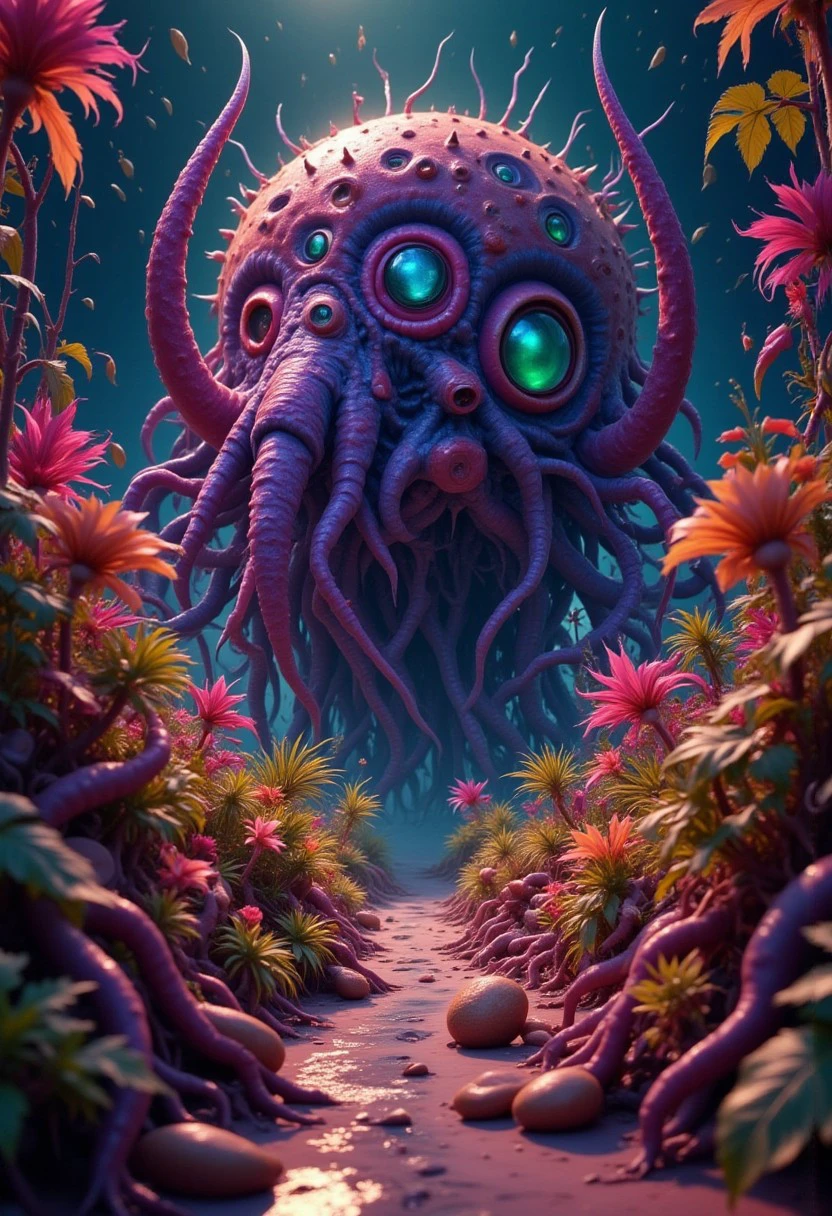 Capture an image depicting a fantastical scene on Mars where creatures coexist with wild plantations. The central element should be a carnivore creature, tentacled and purple-hued like Earthly kudzu vines but with an alien twist. This central figure should be illuminated by cool volumetric light from above, contrasting against the warm colors emanating from nearby plants' fexotic ybioluminescence. The perspective should be taken from below this creature's head-like vantage point to emphasize its grandeur and create a sense of depth in the composition, which harmoniously balances these contrasting elements.