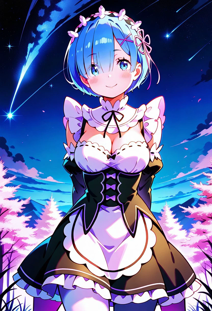 1girl,solo,(red santa claus costume:1.6),cowboy shot,standing,(blue hair:1.2),(short hair:1.2),x hair ornament,hair ribbon, hair over one eye,(blue eyes:1.2)(beautiful fingers:1.2),(perfect anatomy:1.4),(arms_behind_back:1.6),(cold_shoulder:1.2),(shiny_clothes:1.6),medium breasts,(masterpiece),best quality,(Ultra high definition eyes:1.2),8k,(Beautiful detailed eyes:1.2),(Fine and beautiful eyes:1.2),(pretty eyes:1.2),finely detail,extremely CG, absurdres,high resolution,illustration,Detailed and beautiful outlines,finely detail,high resolution,(colorful refraction:1.4,Increase saturation:1.2),beautiful lighting,dynamic lighting,closed room,black background,simple background, smile,looking at viewer,aarem, maid headdress, neck ribbon, cleavage, dress,(red thigh boots:1.2)