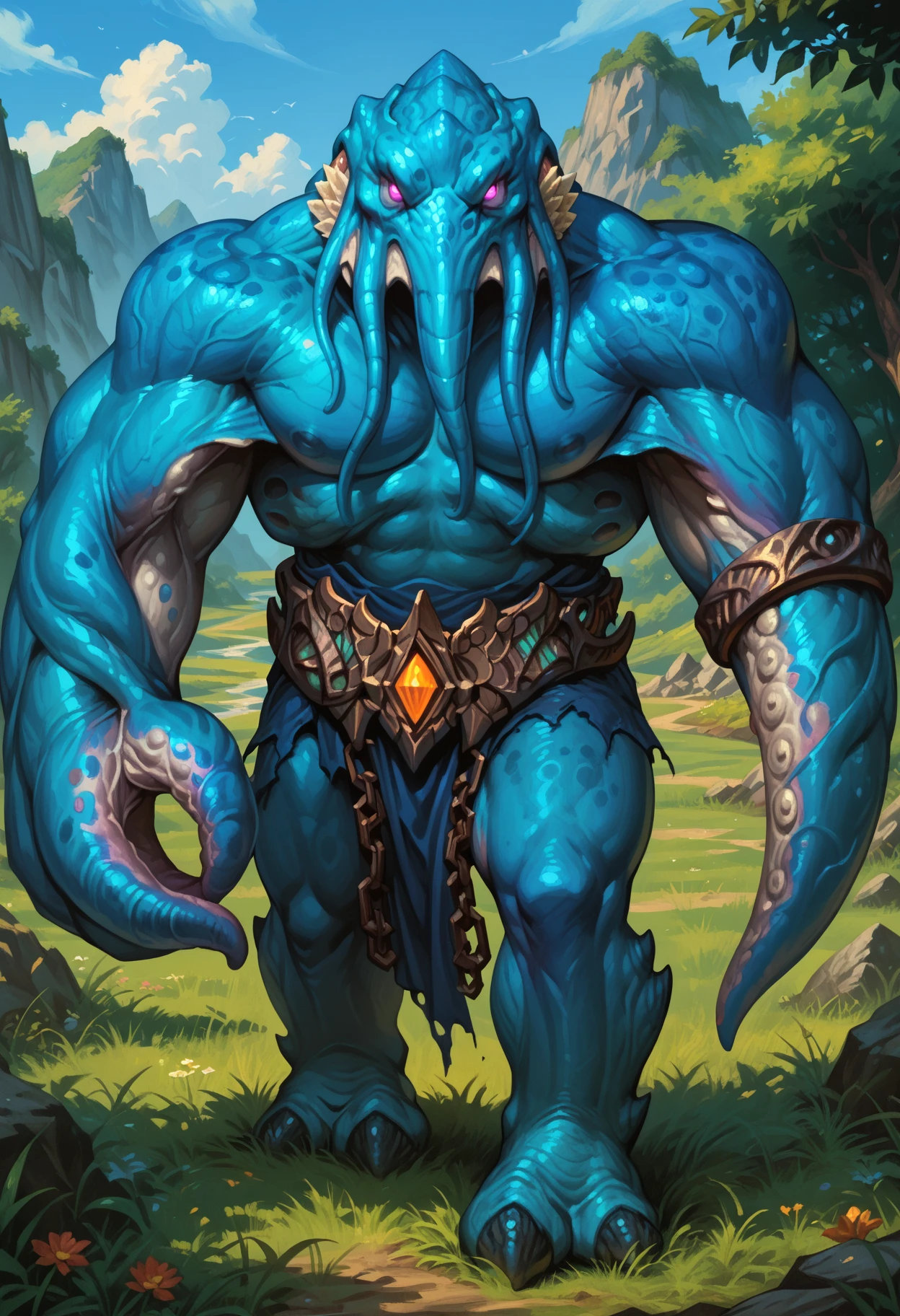 zPDXL3, score_9, score_8_up, score_7_up, detailed face, detailed body, detailed background, perfect anatomy, masterpiece, high quality, best quality, outdoors, grass field BREAK three-quarter view, male, muscular, big pecs, thick thighs, faceless_one, monster, blue skin, purple eyes, glowing eyes, looking at viewer, standing <lora:FacelessOne_WoW_V1:0.9> <lora:detailed_notrigger:1> <lora:d3t41l3dXLP:0.5>