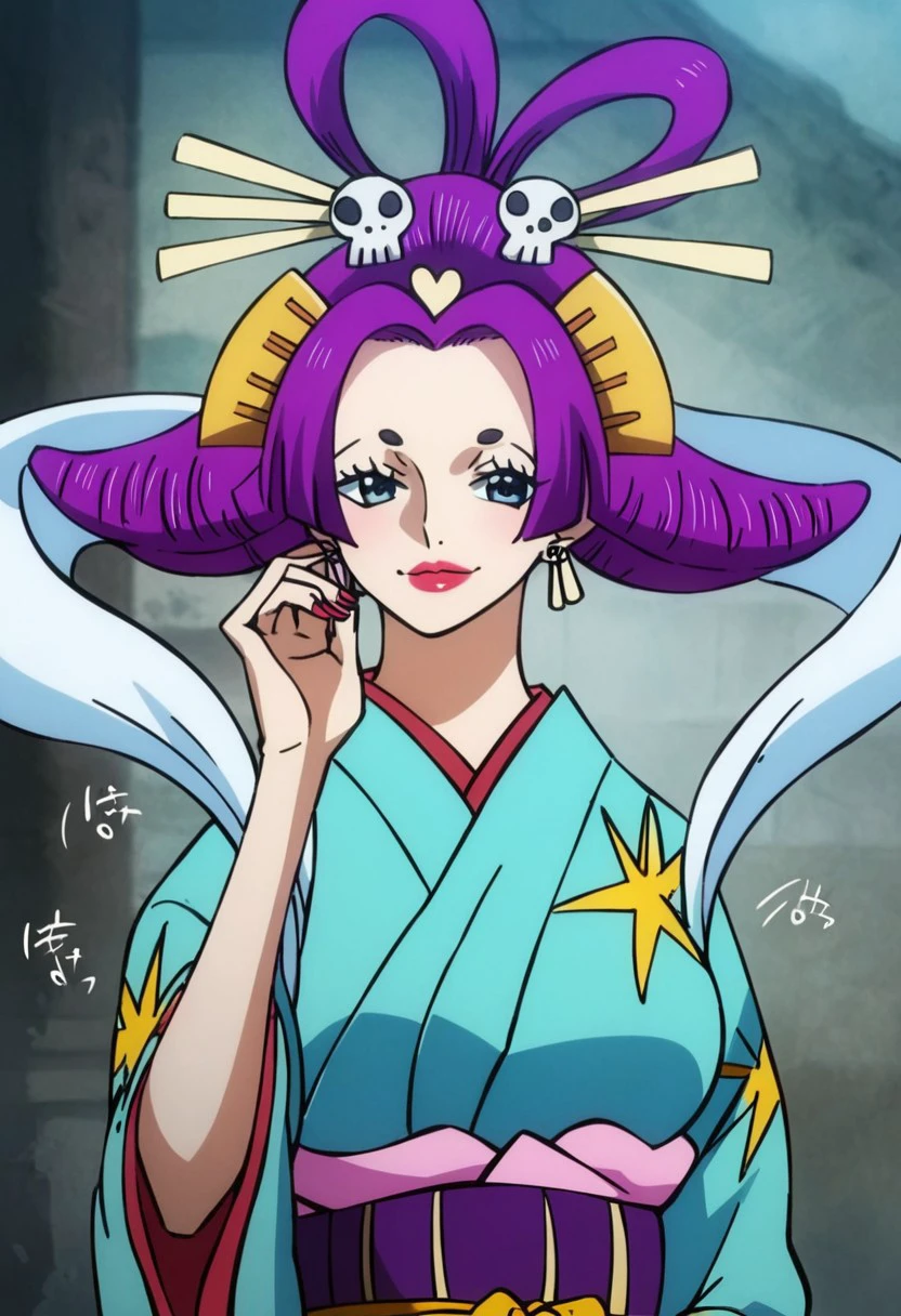 JigokuBentenOP, 1girl, solo, short hair, purple hair, hair ornament, blue eyes, lips, lipstick, large breast, japanese clothes, kimono, makeup,  biwa, wide sleeves, sash, earrings, obi, jewelry, hair rings, hair stick, nail polish, hagoromo, music,
seductive pose, sexy pose, tease,  in the spotlight, ,ruins ,smile, detailed hand,
 score_9, score_8_up, score_7_up, beautiful aesthetic, very intricate, high quality details,vibrant, highly detailed, award-winning, professional,anime artwork, anime style, studio anime, athletic, curvy body, athletic girl, perky tits,large breast,perfect tits, round breasts, nipple outline,looking at viewer, pinup pose,teasing, dynamic lighting, cinematic, smug, better than you, aura of temptation, highly detailed, high resolution, masterpiece, detailed clother, detailed background, highly detailed, ((sound effects)) comic layout,