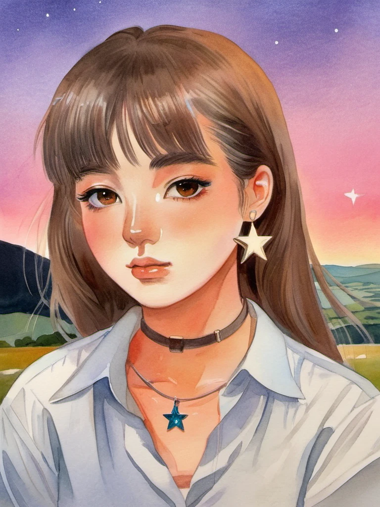 water color,1girl,solo,jewelry,earrings,shirt,looking at viewer,brown eyes,white shirt,brown hair,star \(symbol\),long hair,Bangs,landscape,choker,star earrings,bangs,necklace,lips,collared shirt,watercolor,texture,