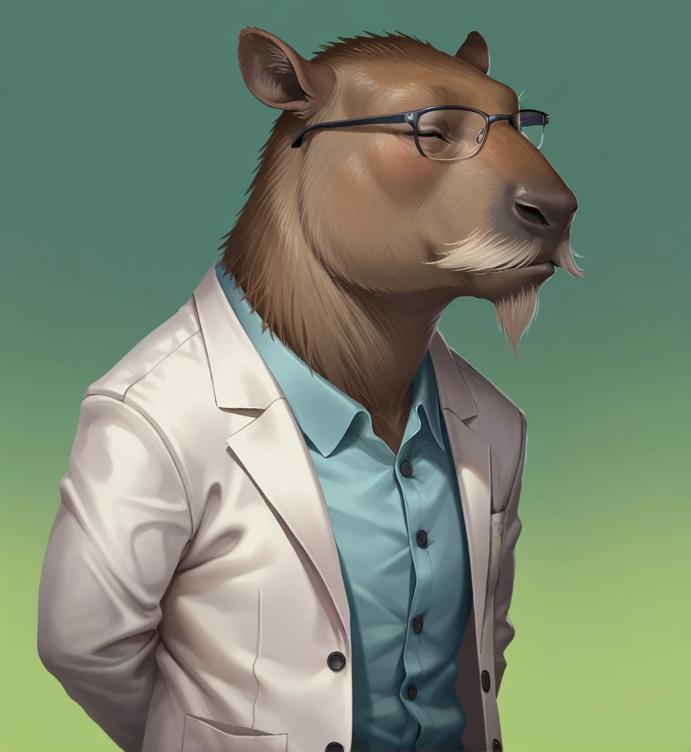 masterpiece, best quality, realistic, solo, 1other, <lora:StellarisPortrait:1> st portrait, st mammalian, upper body, looking at viewer, capybara, closed eyes, arms behind back, glasses, lab coat, mustache, goatee, gradient background, simple background,