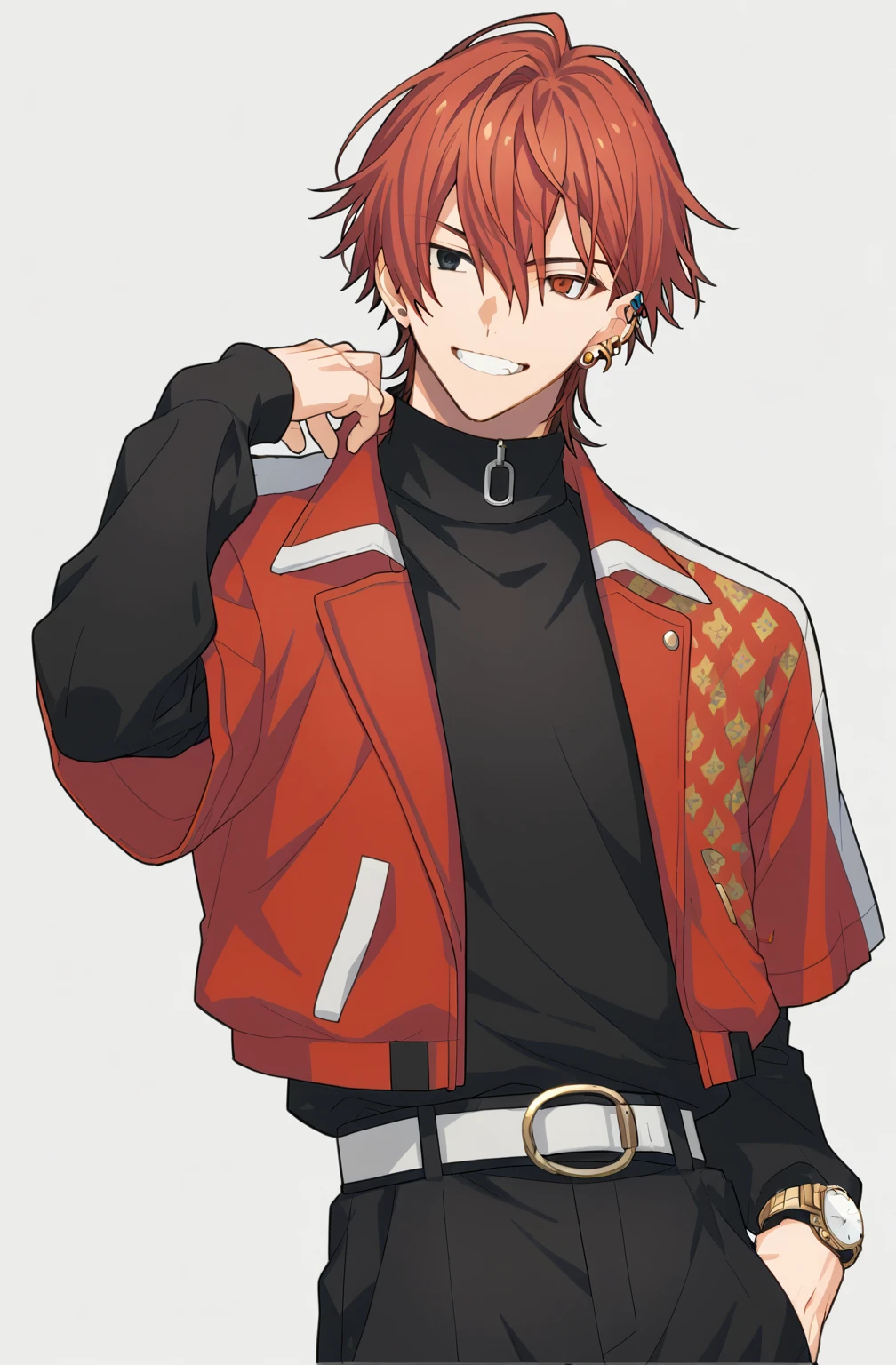 1boy, solo_focus, score_9_up, score_8_up, score_7_up, source_anime, nishizono renga, red hair, hair between eyes, black eyes, dark red eyes, heterochromia, turtleneck, skintight, red jacket, layered sleeves, belt, black pants, earrings, teenager, smile, unsymmetrical jacket