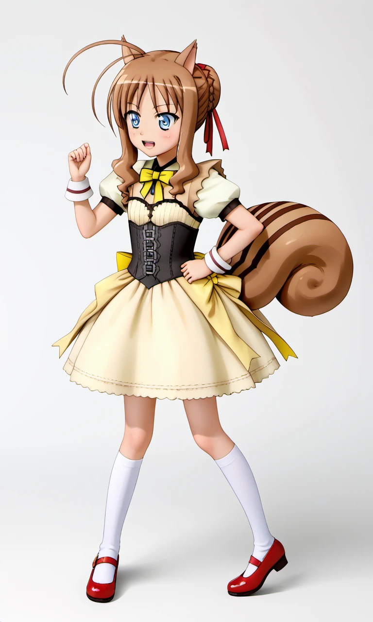 full body, Kuberu, 1girl, blue eyes, brown hair, ahoge, hair ribbon, squirrel ears, squirrel tail, detached cuffs, short puffy sleeves, bow, dress, corset, black pleated skirt, white kneehighs, red shoes