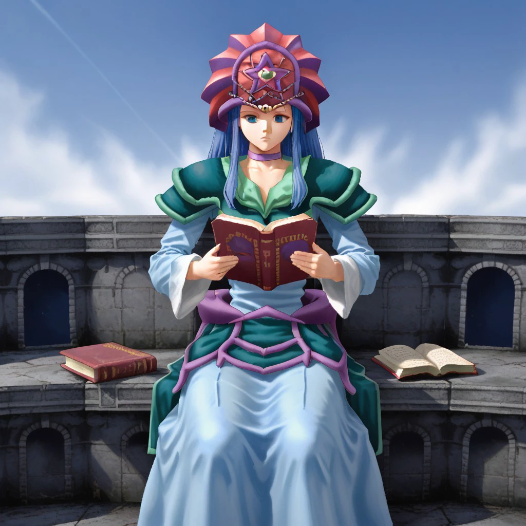 1girl,blue hair,dress,sidelocks,choker,long hair,hat,solo,armor,sitting,reading,holding book