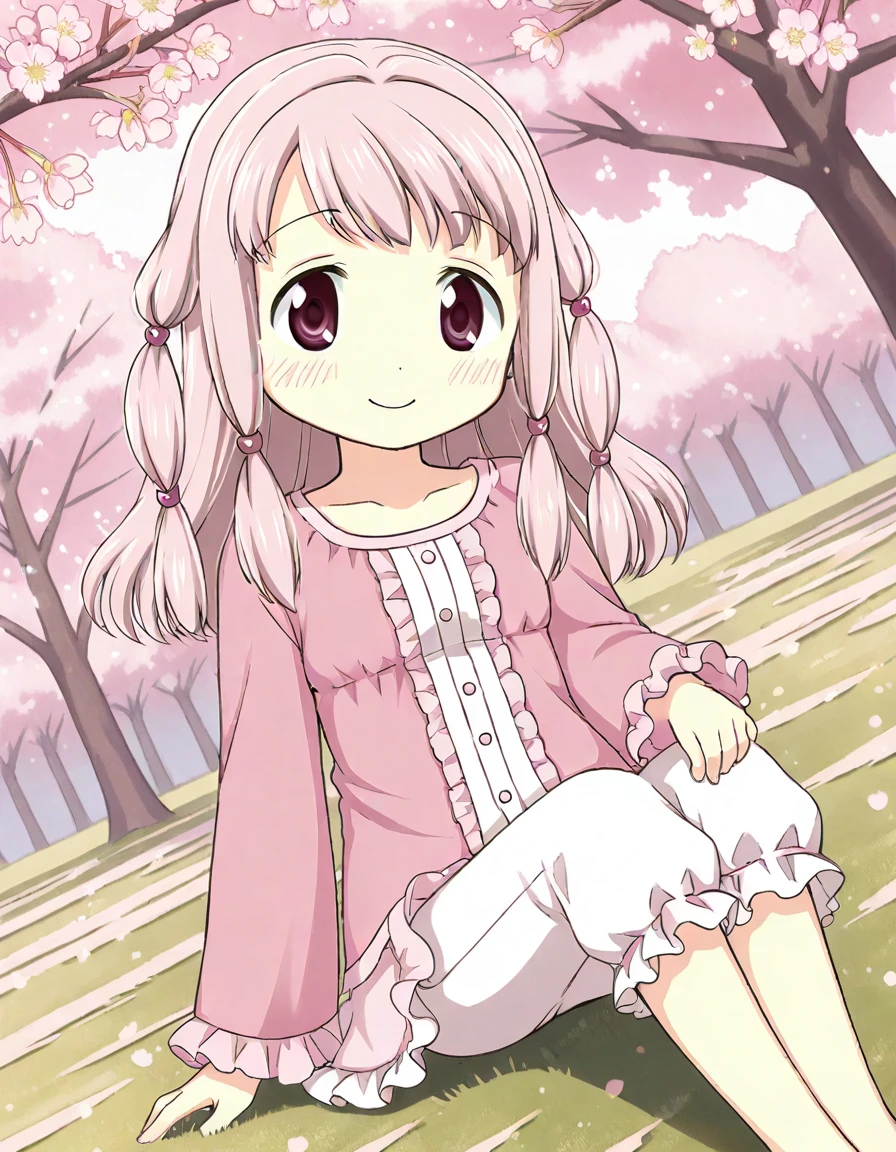 tamaki ui, pink sleepwear, white capri pants, looking at viewer, solo, sitting, grass field, cherry tree, dutch angle, <lora:20241117154753_tamaki_ui_animagine-xl-3.1:0.7>