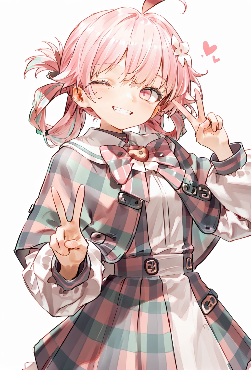 score_9, score_8_up, score_7_up, 1girl, <lora:Eleven:1>, pink hair, light pink eyes, ahoge, braided ponytail, hair rings, ribbon, checkered clothes, checkered skirt, pastel colors, smile, v, one eye closed, (white background:1.35), masterpiece, best quality, amazing quality, very aesthetic, absurdres, newest, scenery,  <lora:deal360acv illustrious 006:0.45>, <lora:dj_sloppa_ill_v2:0.2>, <lora:nyalia:0.35>