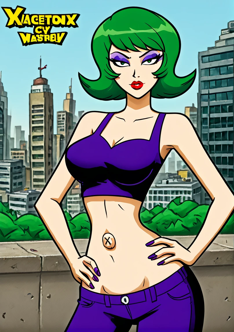 1girl, solo,
eyeliner, lips, green hair, Japanese idol, masterpiece,
 <lora:X_Shaped_Cartoonish_Outie_Navel:1>, midriff, X on navel,
cartoon style, source_cartoonnetwork, sexy pose, hand on hip, outdoor, city,