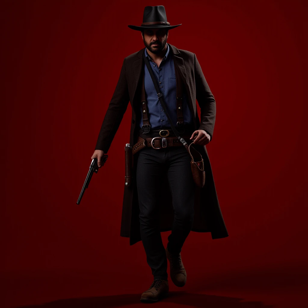 cinematic film still of <lora:Red Dead Redemption style v1:0.9>
Arthur Morgan a man in a cowboy hat holding a gun, solo, shirt, long sleeves, 1boy, hat, holding, standing, jacket, full body, weapon, male focus, open clothes, collared shirt, belt, pants, holding weapon, gun, black headwear, facial hair, suspenders, blue shirt, holding gun, red background, beard, handgun, walking, dual wielding, revolver, epic, Western, adventures, outlaw, Red Dead, Western United States, wild west, cowboy, cowgirl, Open world, 1900's, realistic, cinematic, film look, dramatic light, partially covered in shadows, gang, Western-themed action-adventure, Red Dead Redemption style, coat, brown belt, brown pants, full shot, shallow depth of field, vignette, highly detailed, high budget, bokeh, cinemascope, moody, epic, gorgeous, film grain, grainy