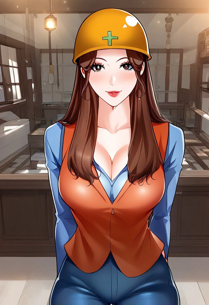 score_9, score_8_up, score_7_up, ASCII masterpiece, source_anime, BREAK, 1girl, solo, (( <lora:chae_jung-yoon:1> , chae_jung-yoon, normal waist, wide hips, beautiful skin, beautiful brown eyes, clear eyes, bright pupils, beautiful eyes, beautiful brown hair, beautiful long hair, huge and shaggy breasts, natural beauty, extraordinary beautiful woman, attractive woman, super sexy woman, lustful body, sexy woman with seductive obscene body, sensual body, voluptuous body, sexy beauty, no piercings, no piercing, )) ,  makeup, ((orange worker vest with white strips, yellow worker helmet with green cross paint, long-sleeves blue shirt, huge cleavage, obscene cleavage, denim trousers, )) , indoors, shiny clothes, shiny skin, night club, erotic bar, classy decorations, cowboy shot, from above, looking at viewer, hands behind back, (detailed face, detailed eyes), delicate features, soft lighting, seducative smile, cute and sexy, very detailed, high detailed texture, uncensored, rare view,