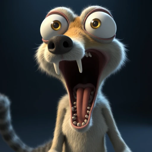 Scrat screaming, mouth open looking at the viewer, insane eyes