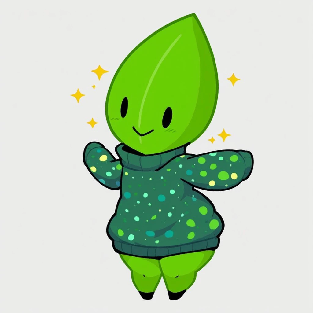 masterpiece, score_9, score_8_up, black outlines, cartoon style, minimalist design, LeaaffBfdi, full body, standing, digital art, 1girl, solo, female focus, anthropomorphic leaf,  from front, standing, leaf-shaped character, no humans, thick thighs, wide waist, huge thighs, black limbs, black arms, black legs, smooth green skin, bright highlights, central vein detail on leaf, dotted eyes, black eyes, cute expression, vibrant and clean colors, cheerful design, Teal sweater, sweater, speckled sweater, Sparkle sweater, stylized sweater, casual style, rounded sleeves, long sleeves, simple details, modern design, cozy sweater, clothing, white background
