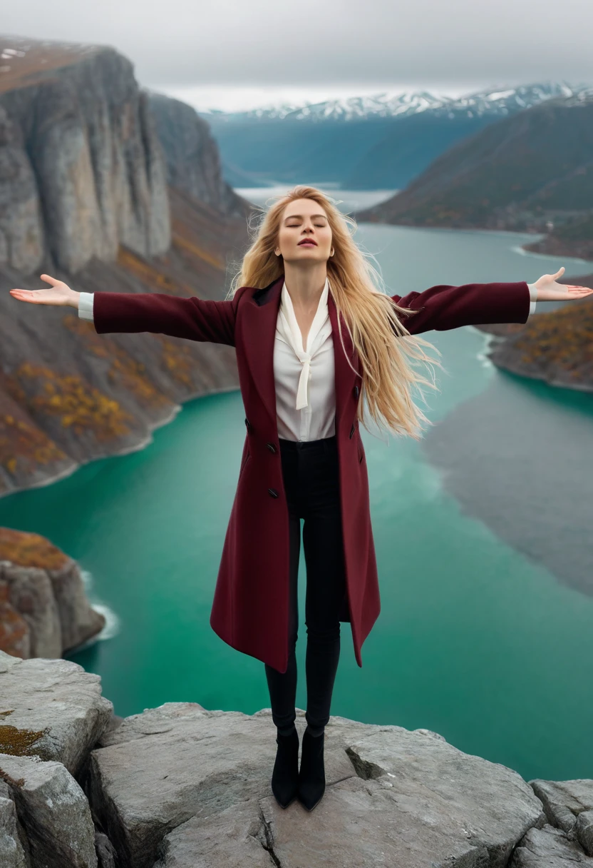 A cinematic shot of a woman renata with long, bright blonde hair standing on a rocky terrain at the edge of a cliff. She is wearing a maroon coat over a white shirt and a emerald scarf. The woman has her eyes closed and her arms outstretched. The background reveals a vast landscape with a body of water and mountains. The sky is overcast.