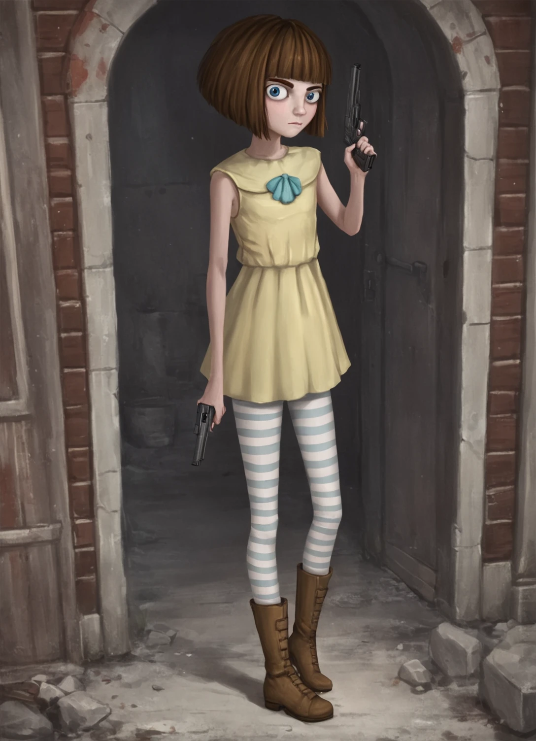 zPDXL3,<lora:FranBow_Pony:1>,franbow,holding gun,brown hair,human,blue eyes,black white legwear,striped tights,boots,solo,looking_at_viewer,standing,