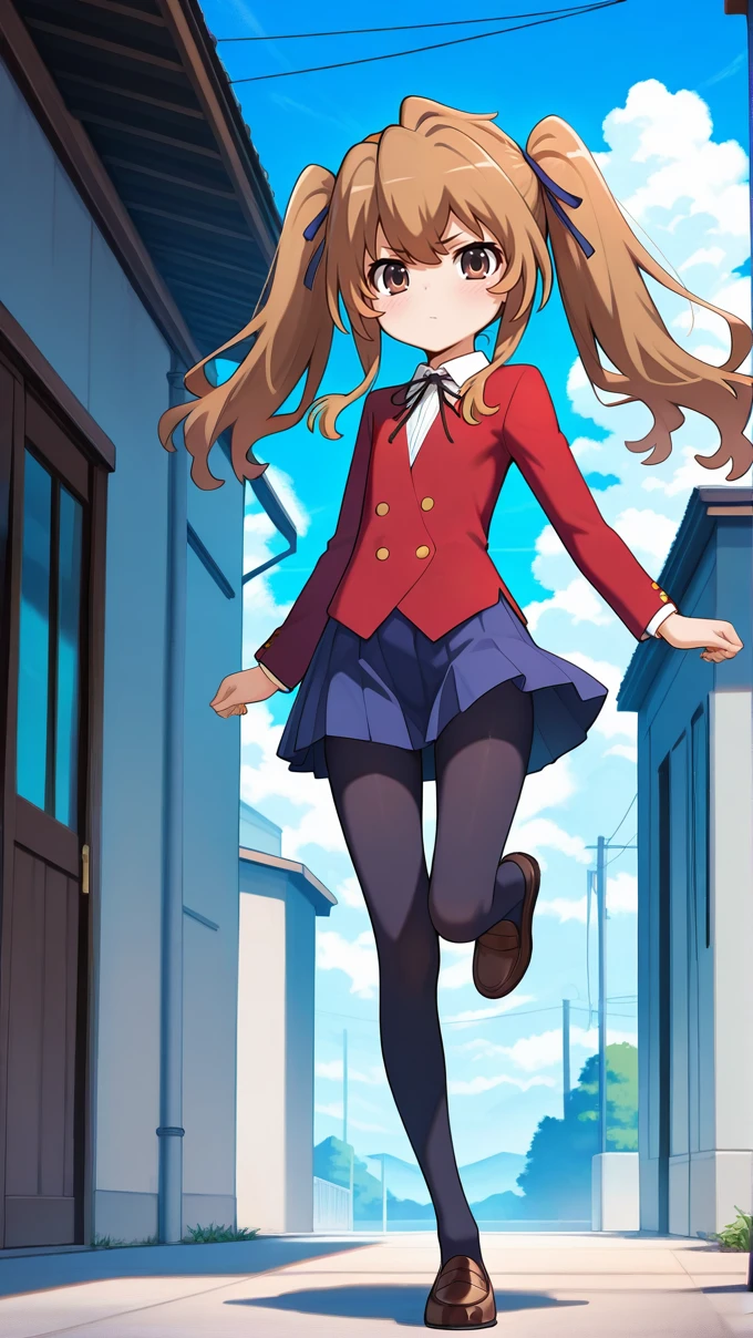 masterpiece,best quality,high resolution,absurdres,aisaka taiga,1girl,solo,oohashi high school uniform,skirt,long hair,twintails,red jacket,school uniform,pleated skirt,outdoors,ribbon,brown footwear,sky,cloud,blue sky,shoes,pantyhose,full body,shirt,standing,flat chest,white shirt,looking at viewer,long sleeves,standing on one leg,closed mouth,black pantyhose,collared shirt,loafers,buttons,day,blush,double-breasted,leg up,very long hair,hair ribbon,cloudy sky,sidelocks,buttoned cuffs,miniskirt,light blush,<lora:aisaka_illustrious_0001:1>,