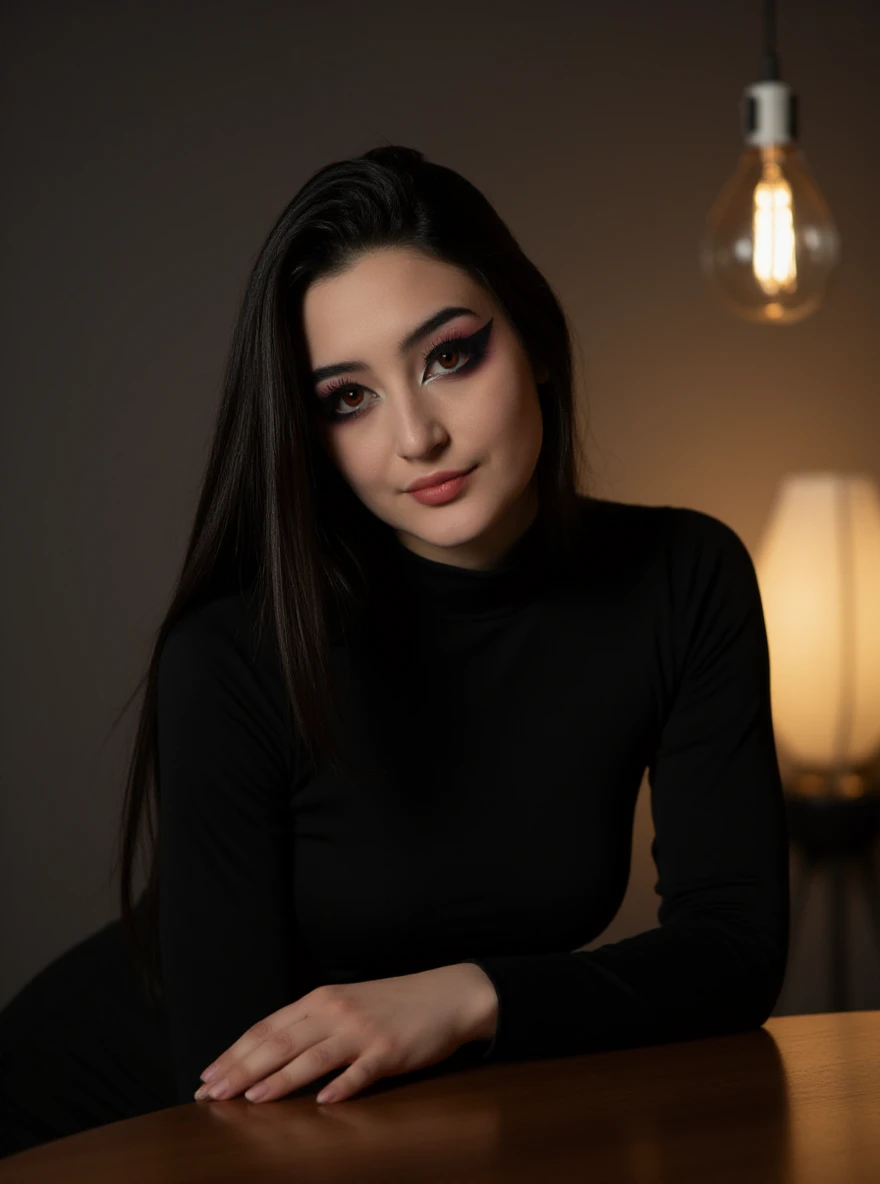 portrait of ch4rl0tt3g3rm4n woman, posing on a office at night, serene and warm, natural lighting, soft focus, high-resolution, elegant and introspective atmosphere, quiet sophistication, wearing a turtleneck yarn blouse, slight smile