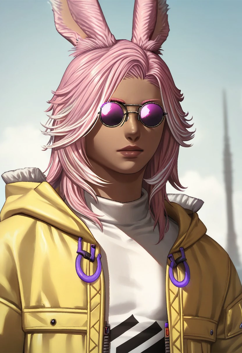 PonyXLV6_Scores BREAK Khris Tia, viera, animal ears, rabbit ears, solo, dark skin, pink hair, sunglasses, jacket, tinted eyewear, glasses, upper body, yellow jacket, round eyewear, male focus, 1boy, dark-skinned male, lips, open clothes, long hair, medium hair