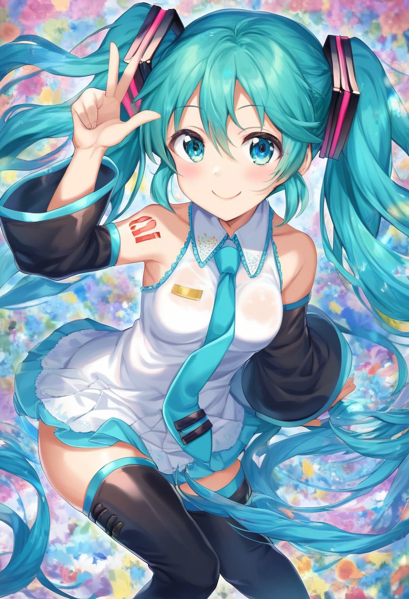 solo, 1girl, female, Urakagi_Saji, hatsune miku, smile, absurdly long hair,aqua hair,twintails,hair ornament,sidelocks,hair between eyes,parted bangs,aqua eyes, BREAK white shirt,collared shirt,bare shoulders,sleeveless shirt,aqua necktie,detached sleeves,black sleeves,shoulder tattoo,fringe,black thighhighs,miniskirt,pleated skirt,zettai ryouiki,thigh boots, BREAK indoors, concert, scenario, colorful, portrait, BREAK ((ultra-detailed)), ((best quality)), ((best quality)), ((beautiful eyes)), ((extremely detailed)), 4K, (8K), best quality, (beautiful), Master piece, highres, score_9, score_8_up, score_7_up, score_6_up, score_5_up, score_4_up, colorful, best quality, official art, highres, masterpiece, nai3, god light, detailed background, high quality background,