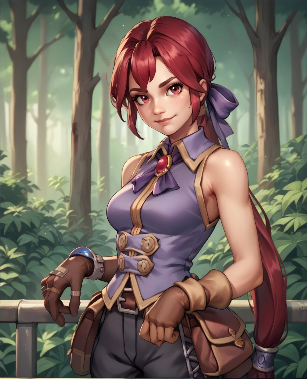 score_9,score_8_up,score_7_up,score_6_up,
Monicaxl,red hair,long ponytail,red eyes,hair ribbon,
looking at viewer,
bare shoulders,jewlery,purple collared shirt,brooch,brown asymmetrical gloves,
light smile,standing,
forest,train,
<lora:Monicaxl-12def:0.9>,