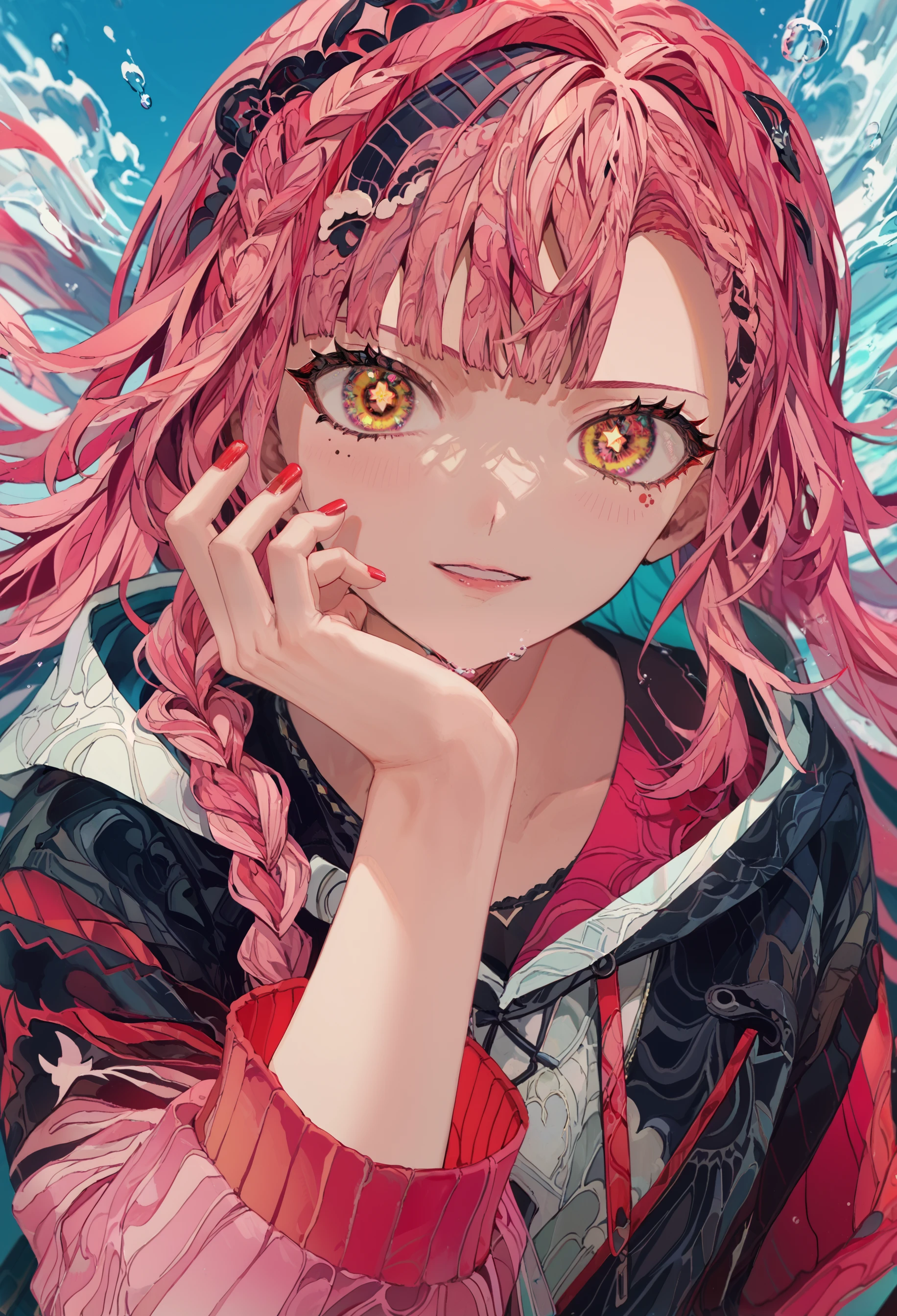 <lora:yadu_nadu:1>,yadu_n4du,score_9, score_8_up, score_7_up, score_6_up, source_anime, best_quality, sidelighting, masterpiece, yadu_n4du, virtual youtuber, solo, hood, pink hair, multicolored eyes, braid, looking at viewer, hood up, parted lips, yellow pupils, bubble, long hair, bangs, red nails