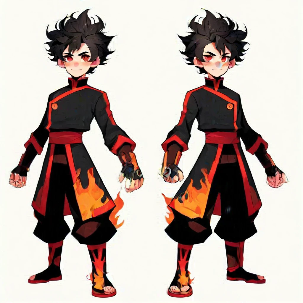 Walan, 1boy, solo, alone, full body, black hair, red eyes, fiery hair, fire nation uniform, black pants, black boots, smile, blush, detailed face, black gloves, fingerless gloves, anatomically correct hands,