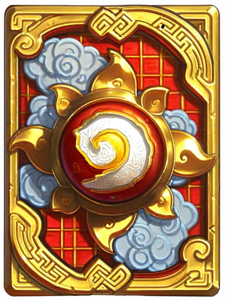 hearthstone_card, gold trim, gold frame, Chinese style, red plate, Chinese pattern, gold core, cloud pattern, sun, card_\(medium\)