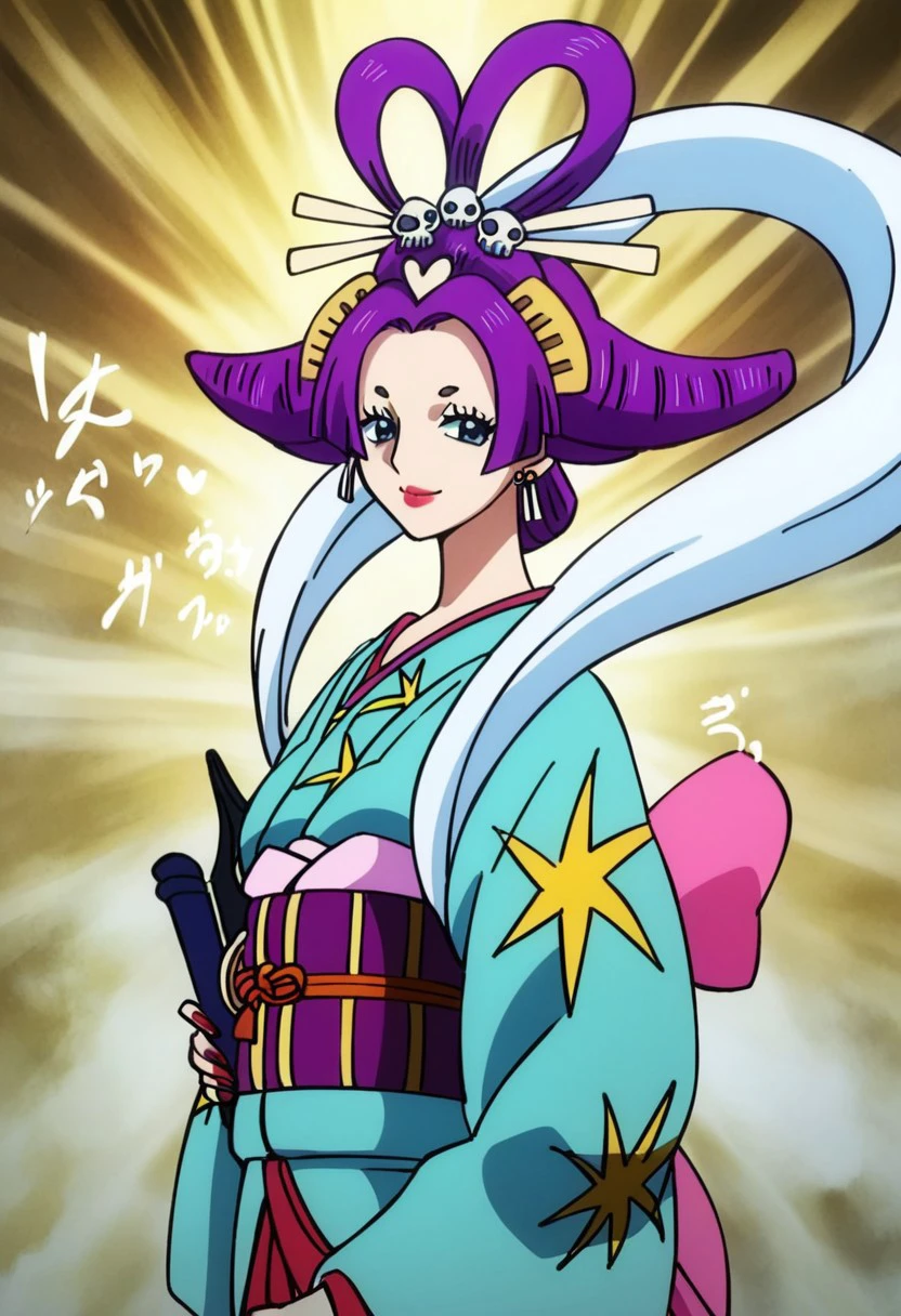 JigokuBentenOP, 1girl, solo, short hair, purple hair, hair ornament, blue eyes, lips, lipstick, large breast, japanese clothes, kimono, makeup,  biwa, wide sleeves, sash, earrings, obi, jewelry, hair rings, hair stick, nail polish, hagoromo, music,
seductive pose, sexy pose, tease,  in the spotlight, ,ruins ,smile,
 score_9, score_8_up, score_7_up, beautiful aesthetic, very intricate, high quality details,vibrant, highly detailed, award-winning, professional,anime artwork, anime style, studio anime, athletic, curvy body, athletic girl, perky tits,large breast,perfect tits, round breasts, nipple outline,looking at viewer, pinup pose,teasing, dynamic lighting, cinematic, smug, better than you, aura of temptation, highly detailed, high resolution, masterpiece, detailed clother, detailed background, highly detailed, ((sound effects)) comic layout,