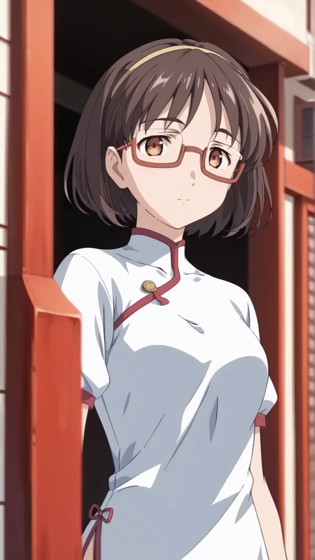 score_9, score_8_up, score_7_up, BREAK source_anime, rating_safe, best quality, masterpiece, uncensored, 1girl,  <lora:Joanna_gunsword_pony_v1.0:1>J0an2a,short hair,brown hair,brown eyes,glasses,semi-rimless eyewear, hairband,china dress