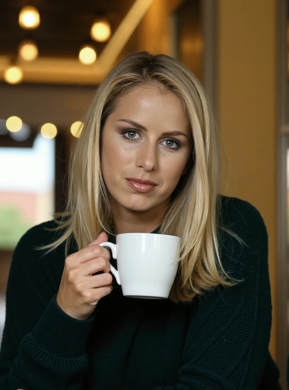 A professional photograph of a young woman Adele_Stephens wearing a dark green cableknit sweater in a cafe, holding a latte, blonde hair, detailed skin, bokeh, female focus, SFW <lora:Adele_Stephens_r1:1>