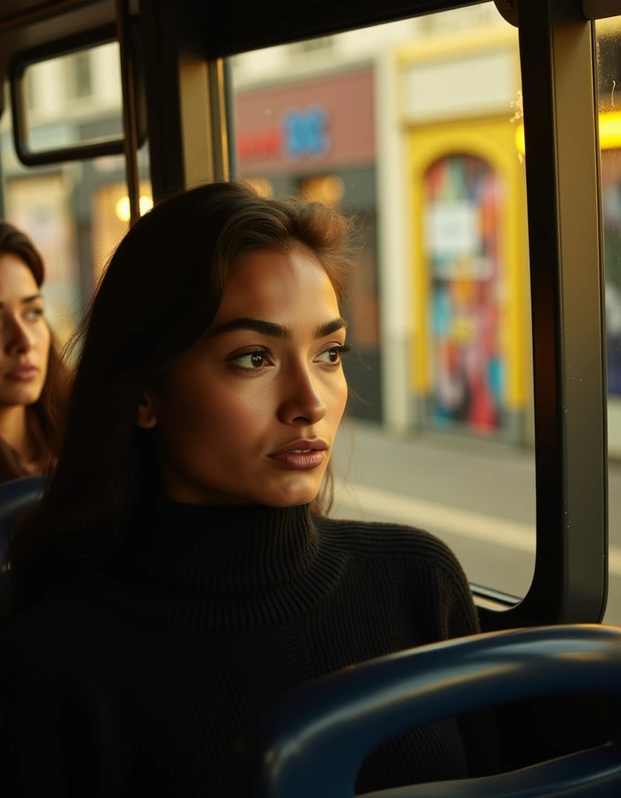 Seated woman in the foreground, peering out the window as the bus navigates a busy street, colorful street art and advertisements blur outside, warm golden light inside the bus, her gaze intense and thoughtful.  <lora:kelly_gale_dev_f1:1>wearing a turtle neck sweater,