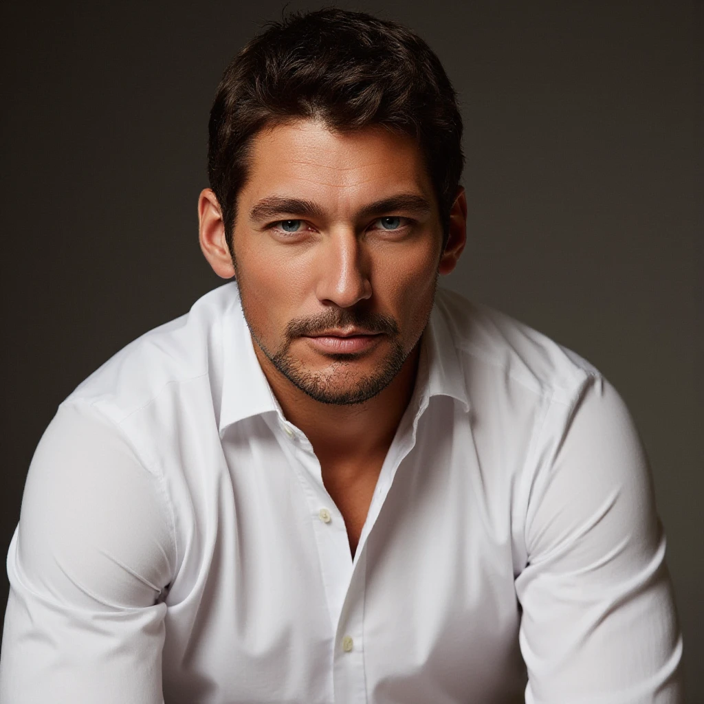 dgandy1, portrait of David Gandy a man with a beard and a white shirt, professional photography, photoshoot