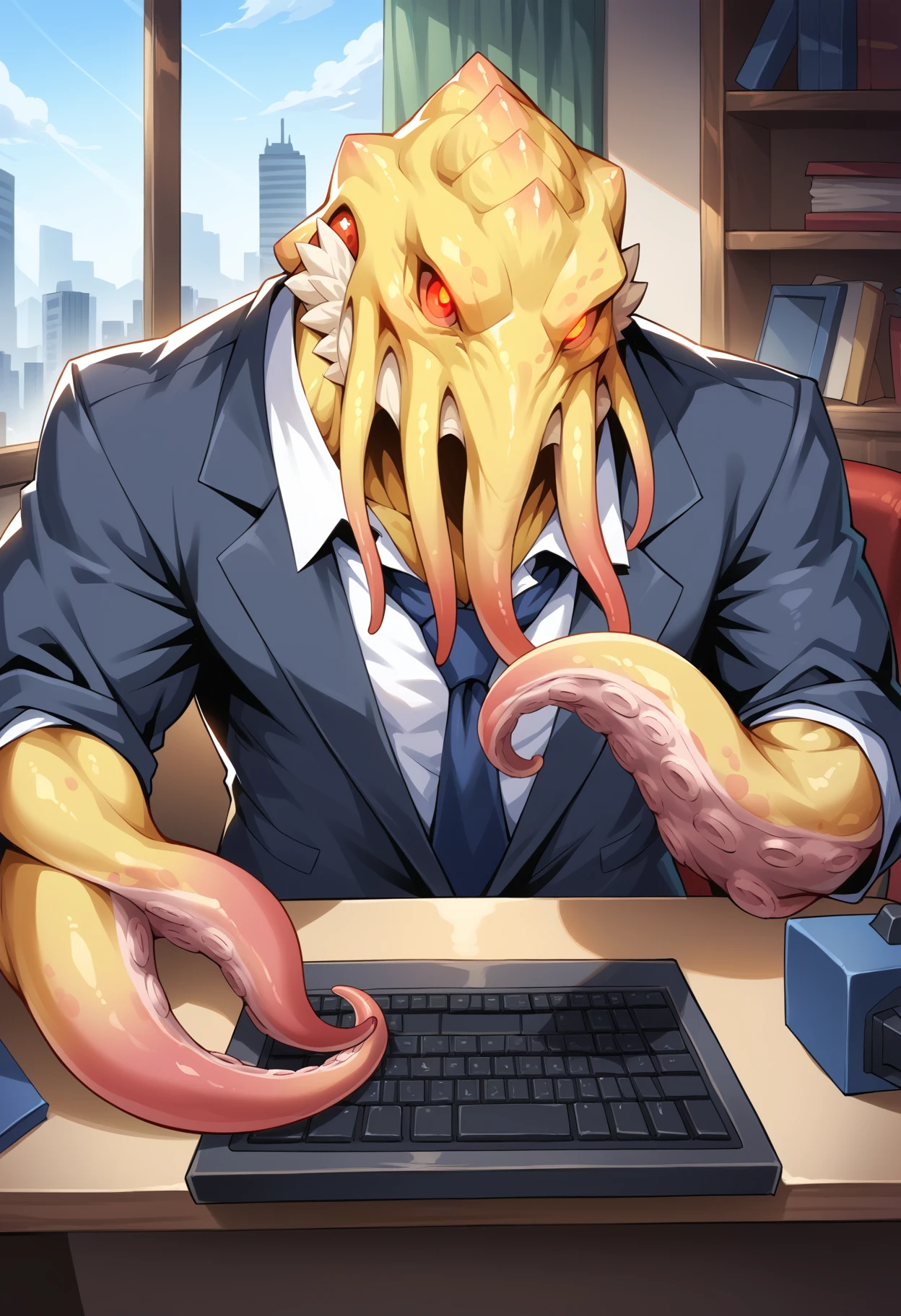 zPDXL3, score_9, score_8_up, score_7_up, detailed face, detailed body, detailed background, perfect anatomy, masterpiece, high quality, best quality, source_anime, indoors, office, desk, window, city BREAK muscular, faceless_one, monster, yellow skin, red eyes, glowing eyes, suit, tie, sitting, typing on keyboard, (tentacles hand), computer <lora:FacelessOne_WoW_V1:0.9> <lora:detailed_notrigger:1>